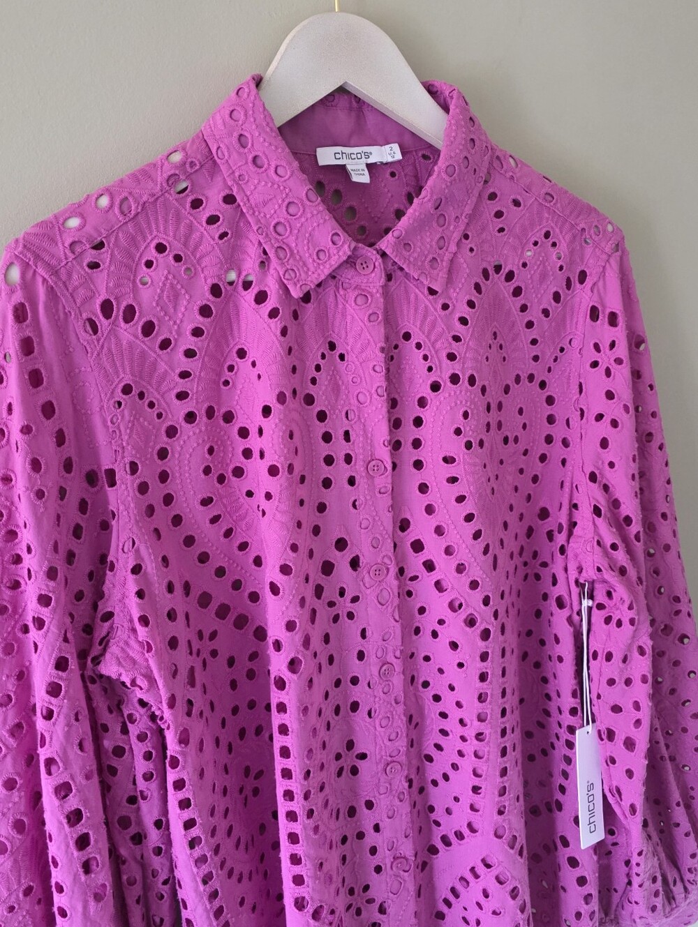 NWT Chico’s L Boho Romantic Resortwear Orchid Pink Eyelet Balloon Sleeve Blouse - Picture 6 of 16